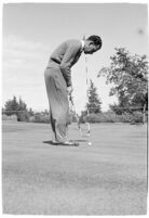 Golfer Fay Coleman demonstrates a series of "right" and "wrong" golf swings