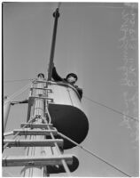 Sailor N.C. Kunkell in the crow's nest of the N.B. Scofield, Los Angeles, May 23, 1940