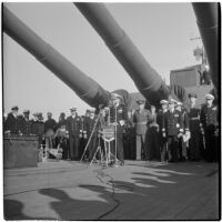 Admiral William F. Halsey delivers farewell speech aboard the U.S.S. South Dakota, Los Angeles, 1945