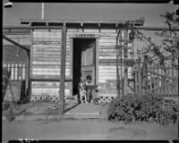 Man reads a book while sitting with a dog on the steps of the Santa Monica Unemployed Citizens' League library, 1930s