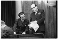 Accused murderer Paul A. Wright being questioned in court, Los Angeles, 1938