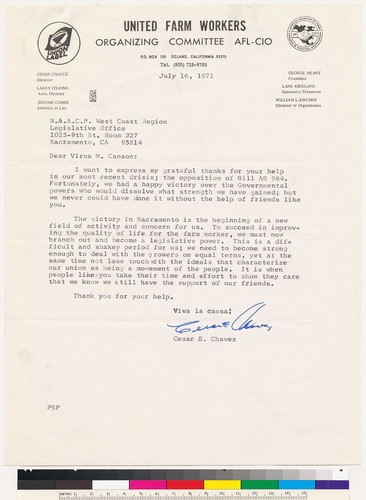 [signed letter to Virna M. Canson from Cesar E. Chavez]