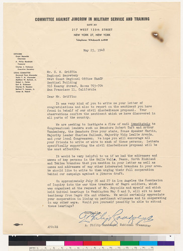 [signed letter from A. Philip Randolph to N. W. Griffin]