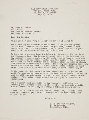 Letter from E. G. Kennedy to Paul H. Kusuda, 1943 May 4