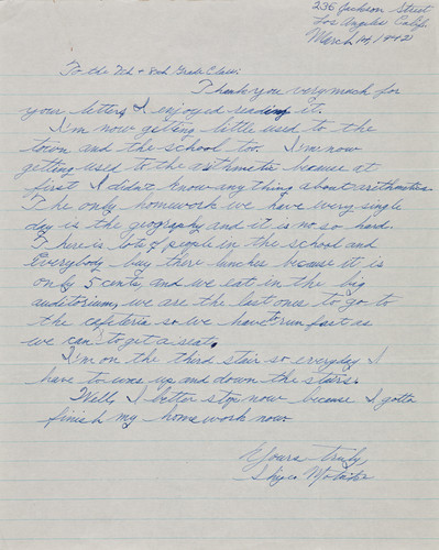 Letter from Shigeo Motoike to "7th & 8th Grade Class", 1942 Mar 14