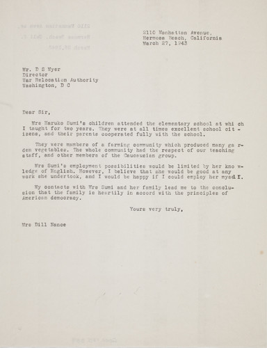 Letter from [Afton] Dill Nance to D. S. [Dillon Seymour] Myer, 1943 Mar 27