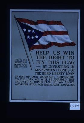 Help us win the right to fly the flag - by investing in government bonds of the third Liberty Loan. If 60% of our workers subscribe to the loan, we will be awarded the industrial honor flag shown above. Another star for each additional 10%