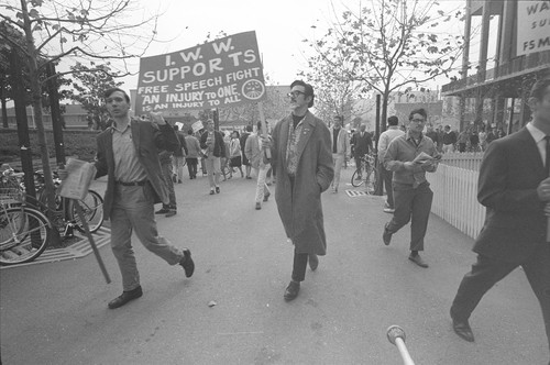 International Workers of the World (IWW) sign in front of the Student Union on Sproul Plaza during the general strike