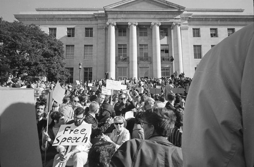 Free Speech rally in Sproul Plaza with Sproul Hall in background