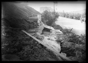 Broken pipe & retaining wall in Holmby Hills, Los Angeles, CA, 1929