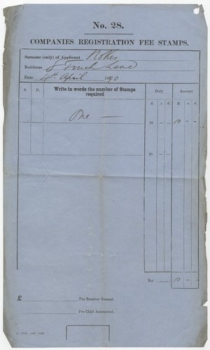 Companies Registration Fees Stamps form, signed by applicant Nokes