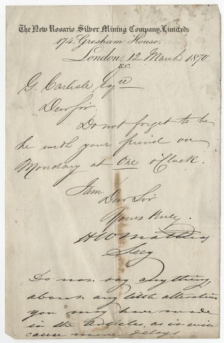 Letter to G. Carlisle, Esquire from H. W. Mathias, Secretary