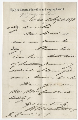 Letter to G. Carlisle, Esquire from H. W. Mathias, Secretary