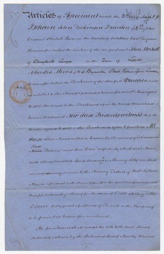 Articles of agreement between J. D. [John Dickinson] Brunton, John Morkill, and Charles Morris