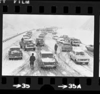 Stalled traffic during snow storm along Interstate 5 near Newhall, Calif., 1974