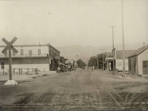 Early photograph of downtown Banning, California looking north on San Gorgonio Avenue