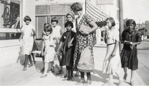 Girl students from St. Boniface enjoying Colorado River Aqueduct celebration in downtown Banning, California