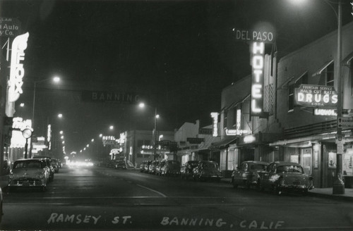 Photographic postcard of downtown Banning, California at night