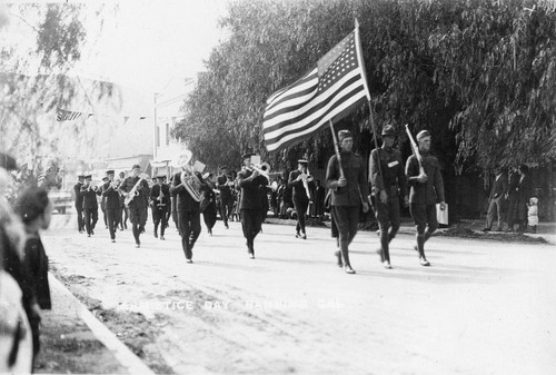 Armistice Day Celebration with marching band in downtown Banning, California