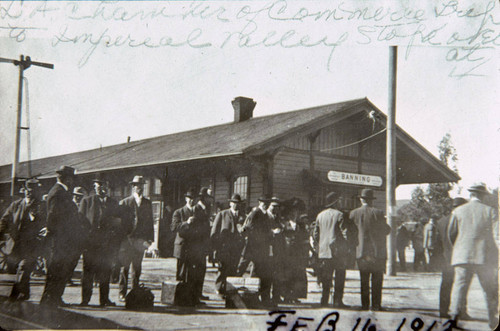 The Southern Pacific Railroad depot and passengers in Banning, California