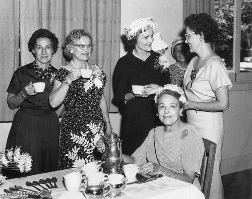 Pat Nixon and local group of women at a social tea in Banning, California