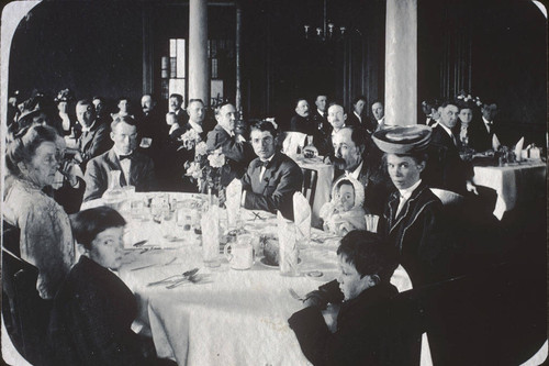 Prospective land buyers at luncheon inside the Hotel Edinburgh in Beaumont, California