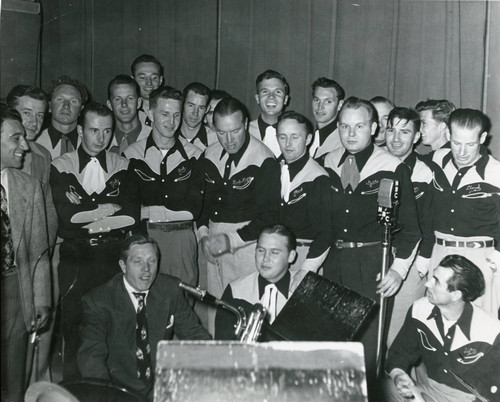 Bob Hope with group of entertainers during radio broadcast at the Banning Theatre in Banning, California