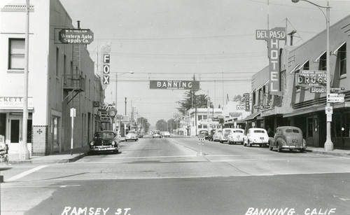 Photographic postcard of downtown Banning, California looking west from intersection of Ramsey Street and San Gorgonio Avenue