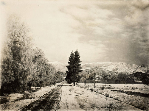 Early San Gorgonio Avenue looking north during snowfall in Banning, California