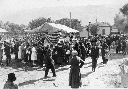 Armistice Day Celebration booth in downtown Banning, California in 1920