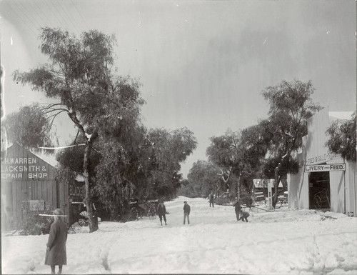 Early photograph of downtown Banning, California in snowfall