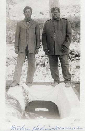 Will Pablo and Henry Mathews at the St. Boniface cemetery graveside of Father Benedict Florian Hahn