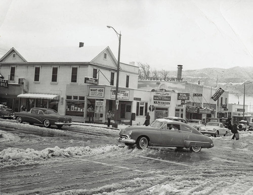 Downtown Banning, California street corner in snow in the 1950s