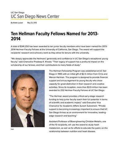 Ten Hellman Faculty Fellows Named for 2013-2014