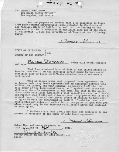Affidavit of citizenship to Dominguez Estate Company, February 21, 1942