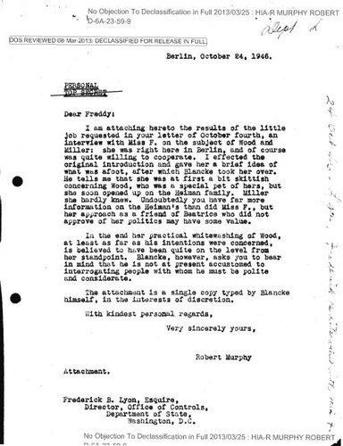 Robert Murphy letter to Frederick B. Lyon regarding Miss Frankfurter interview about Minter Wood and Robert T. Miller