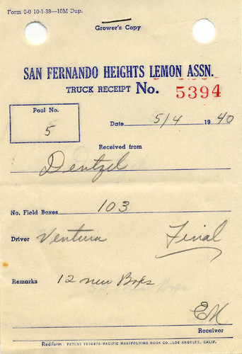 San Fernando Heights Lemon Association truck receipt, 1940