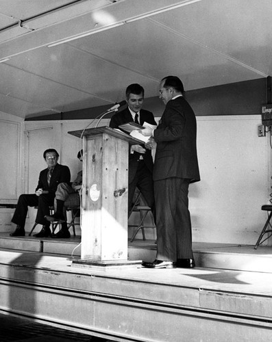 On the speaker's platform at dedication of Santa Ana City Hall on February 9, 1973