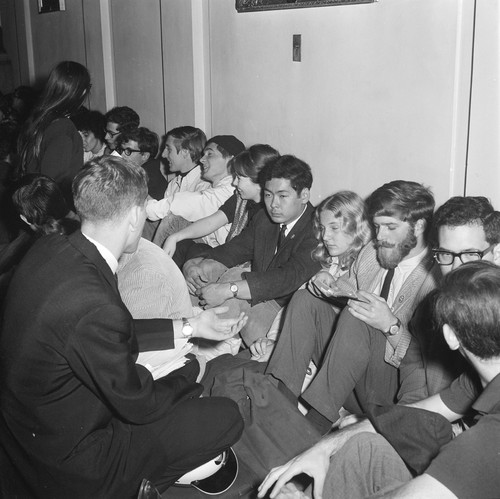 Demonstrators in Sproul Hall hallways during sit-in