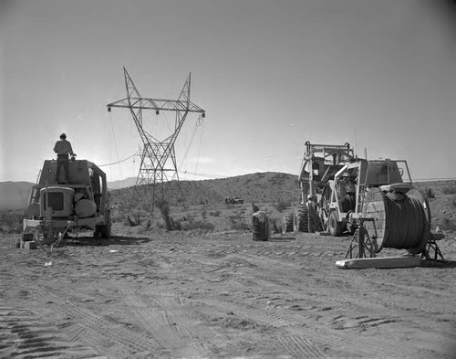 Wire stringing 3rd circuit construction from Boulder line at Victorville