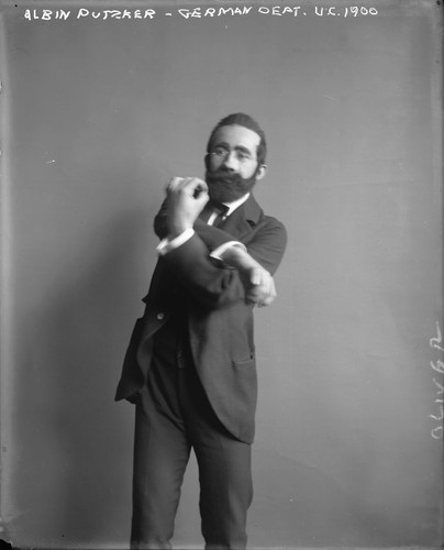 "Albert Putzker, German Dept., U.C., 1900," (appears to be a student impersonating Putzker), University of California at Berkeley. [negative]