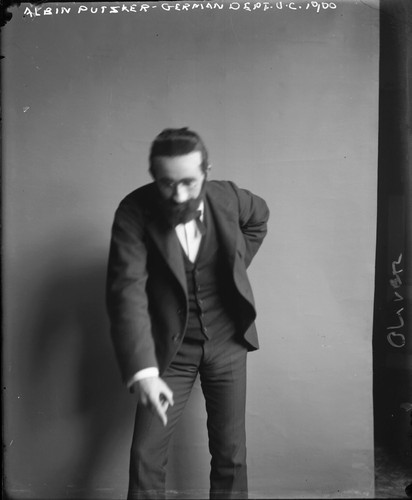 "Albert Putzker, German Dept., U.C., 1900," (appears to be a student impersonating Putzker), University of California at Berkeley. [negative]