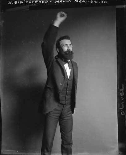 "Albert Putzker, German Dept., U.C., 1900," (appears to be a student impersonating Putzker), University of California at Berkeley. [negative]