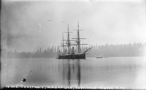 "H.M.S. Constance, man-of-war, Esquimault harbor," British Columbia. [negative]