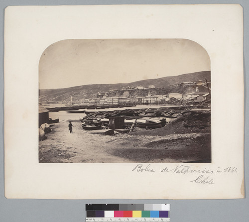 "Bolsa de Valparaiso in 1861, Chile." seen from boat filled shoreline. [photographic print]