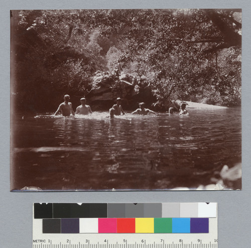 Men taking a dip in the swimming hole, view P1, University of California at Berkeley, Summer School of Surveying. [photographic print]