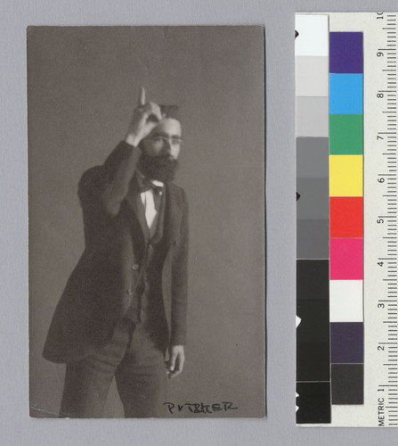 "Albert Putzker, German Dept., U.C., 1900," (appears to be a student impersonating Putzker), University of California at Berkeley. [photographic print]