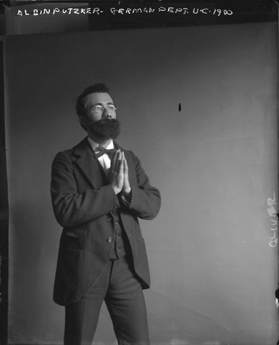 "Albert Putzker, German Dept., U.C., 1900," (appears to be a student impersonating Putzker), University of California at Berkeley. [negative]