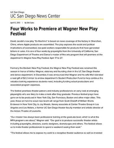Four Works to Premiere at Wagner New Play Festival