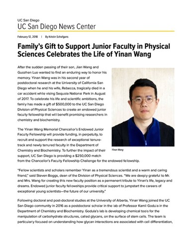 Family’s Gift to Support Junior Faculty in Physical Sciences Celebrates the Life of Yinan Wang